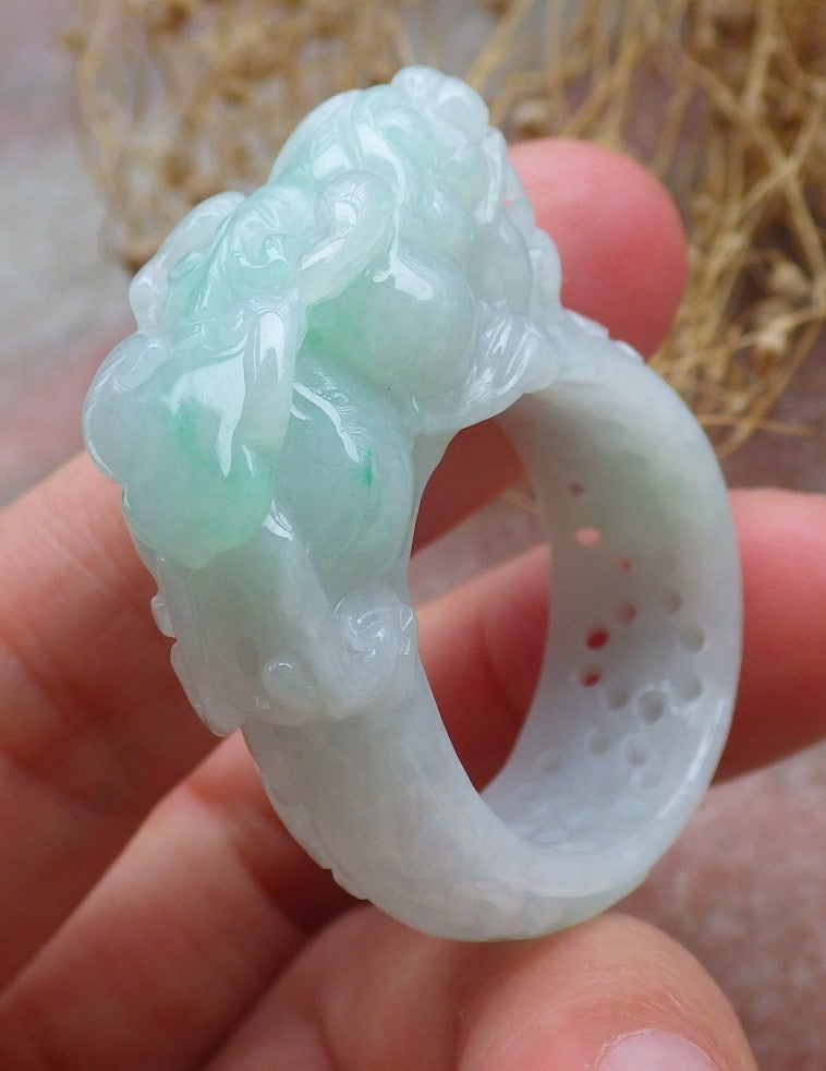 Certified Green Burma 100% Natural A JADE Jadeite Dragon Pi Xiu Lotus Flower Ruyi RING USA. 11.5 戒指 648798 TN