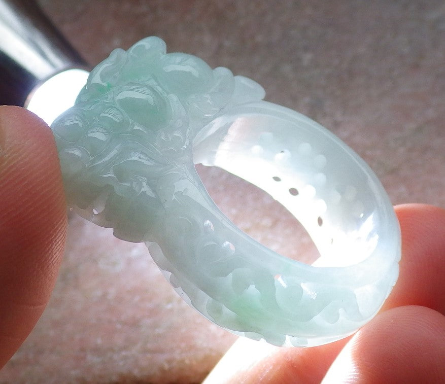 Certified Green Burma 100% Natural A JADE Jadeite Dragon Pi Xiu Lotus Flower Ruyi RING USA. 11.5 戒指 648798 TN