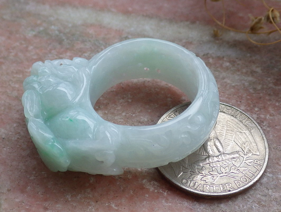 Certified Green Burma 100% Natural A JADE Jadeite Dragon Pi Xiu Lotus Flower Ruyi RING USA. 11.5 戒指 648798 TN