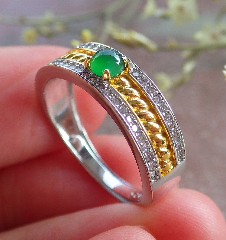 Certified Icy Green silver 0.925 Burma 100% Natural A JADE Jadeite Cabochon RING USA 6.5 戒指 648911 TN