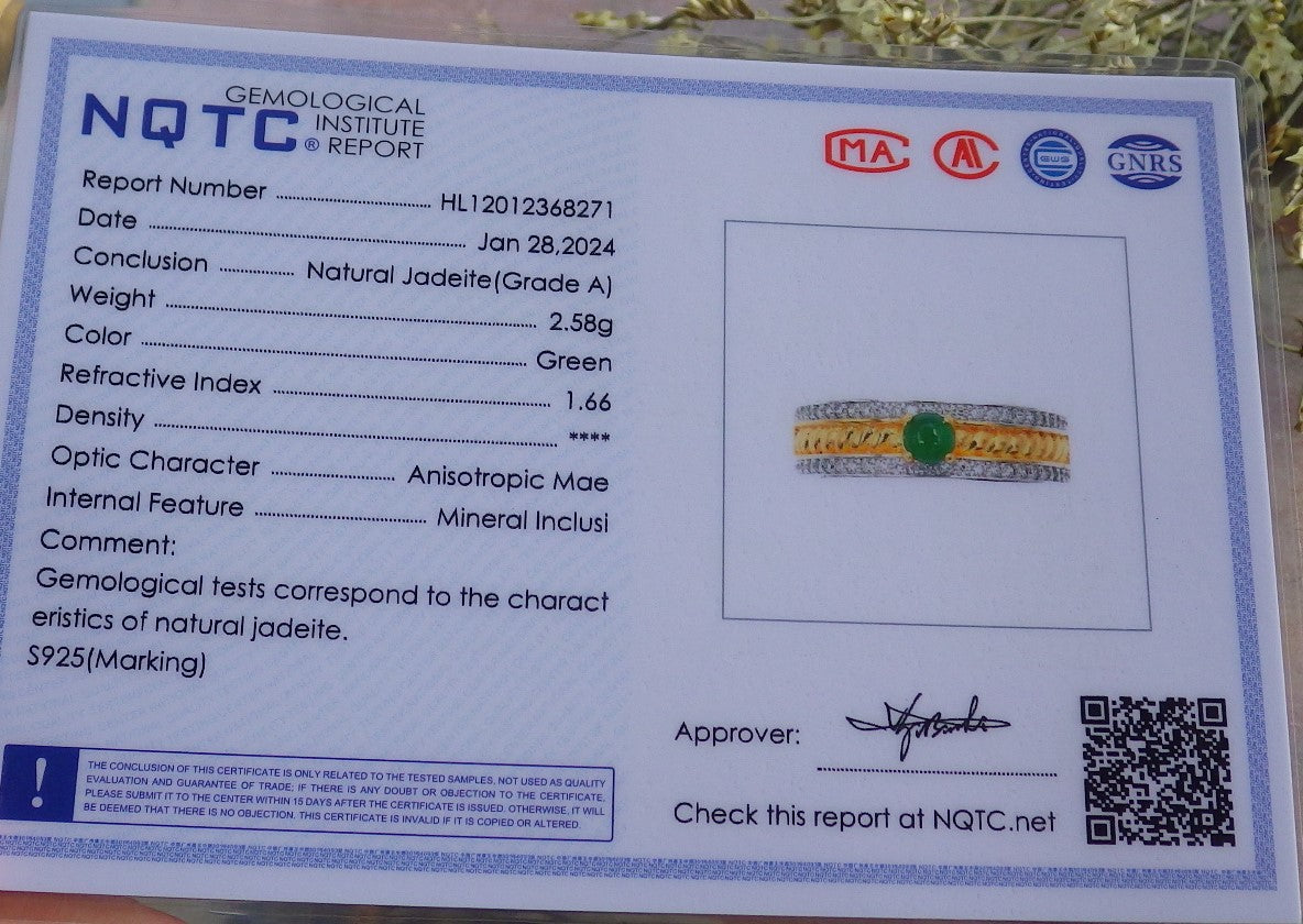 Certified Icy Green silver 0.925 Burma 100% Natural A JADE Jadeite Cabochon RING USA 6.5 戒指 648911 TN