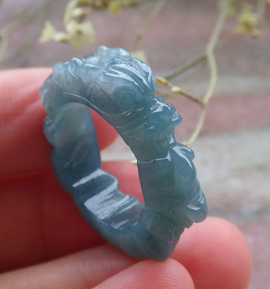 Certified Icy Green Burma 100% Natural A JADE Jadeite Dragon RING USA. 6.5 戒指 649120 TN
