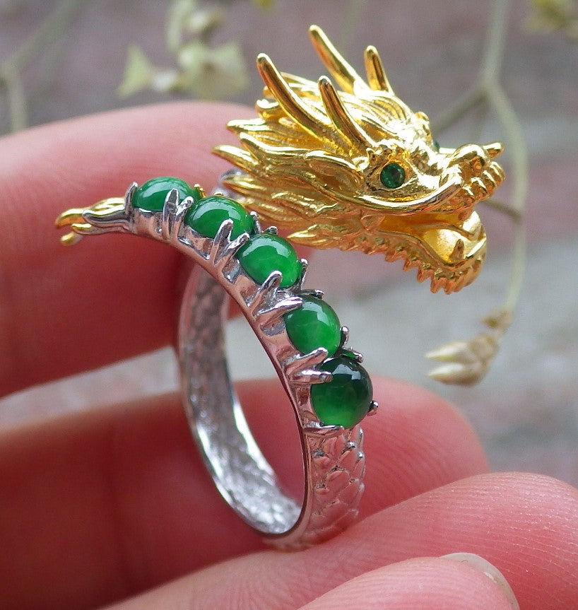 Certified Icy Green silver 0.925 Burma 100% Natural A JADE Jadeite Dragon Cabochon RING USA 6 戒指 649130 TN
