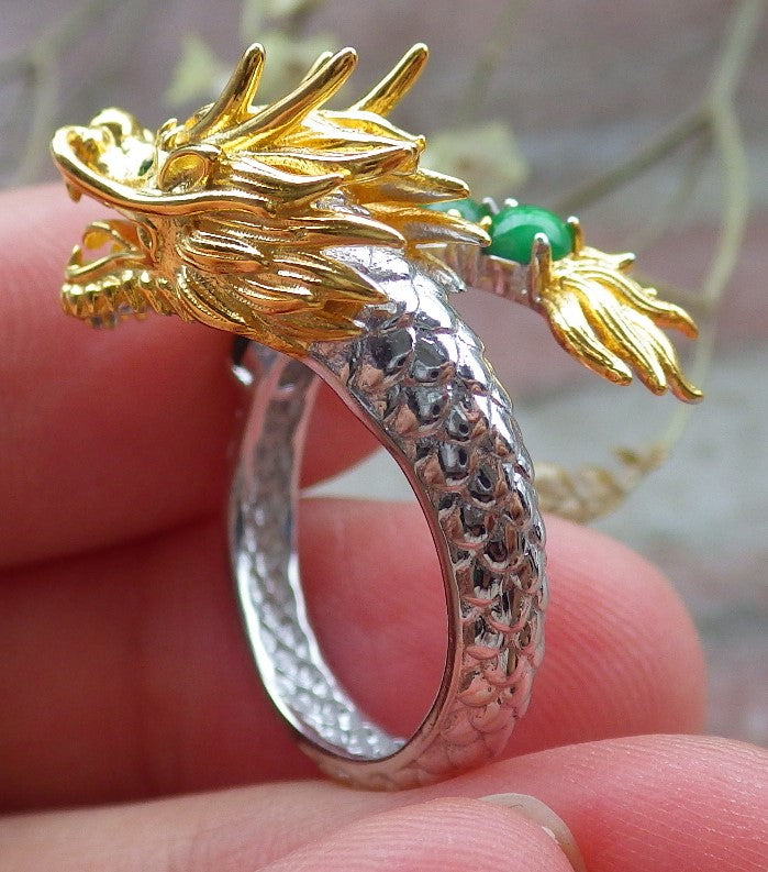 Certified Icy Green silver 0.925 Burma 100% Natural A JADE Jadeite Dragon Cabochon RING USA 6 戒指 649130 TN