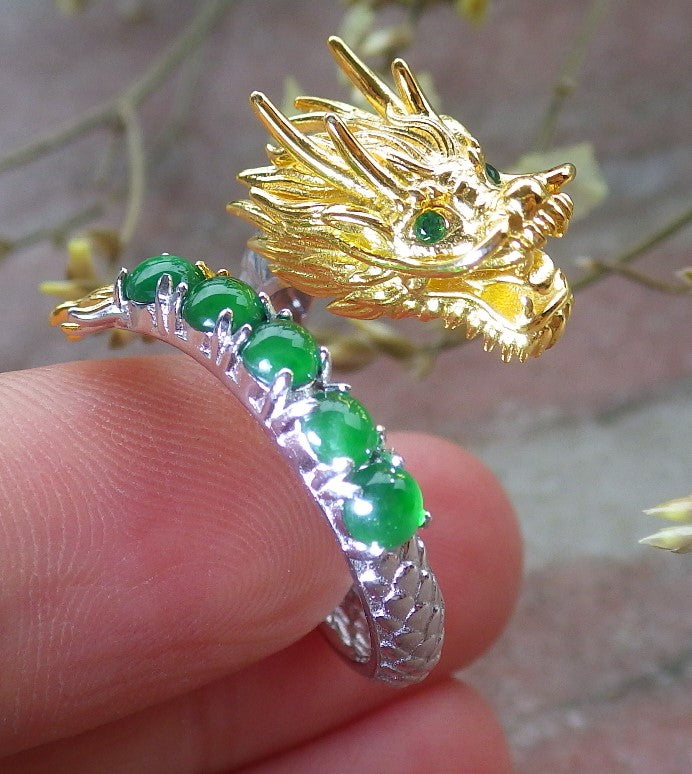 Certified Icy Green silver 0.925 Burma 100% Natural A JADE Jadeite Dragon Cabochon RING USA 6 戒指 649130 TN