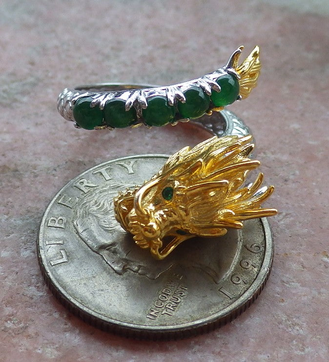 Certified Icy Green silver 0.925 Burma 100% Natural A JADE Jadeite Dragon Cabochon RING USA 6 戒指 649130 TN