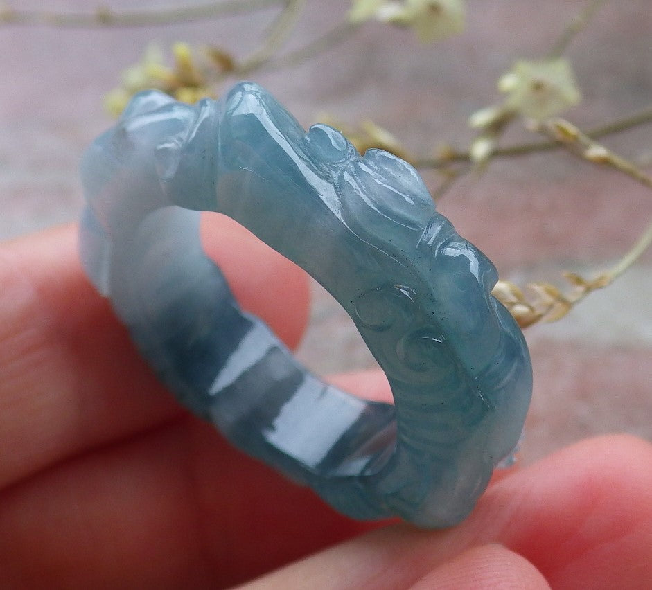 Certified Icy Green Pale Lavender Burma 100% Natural A JADE Jadeite Dragon RING USA. 10.25 戒指 649181 TN