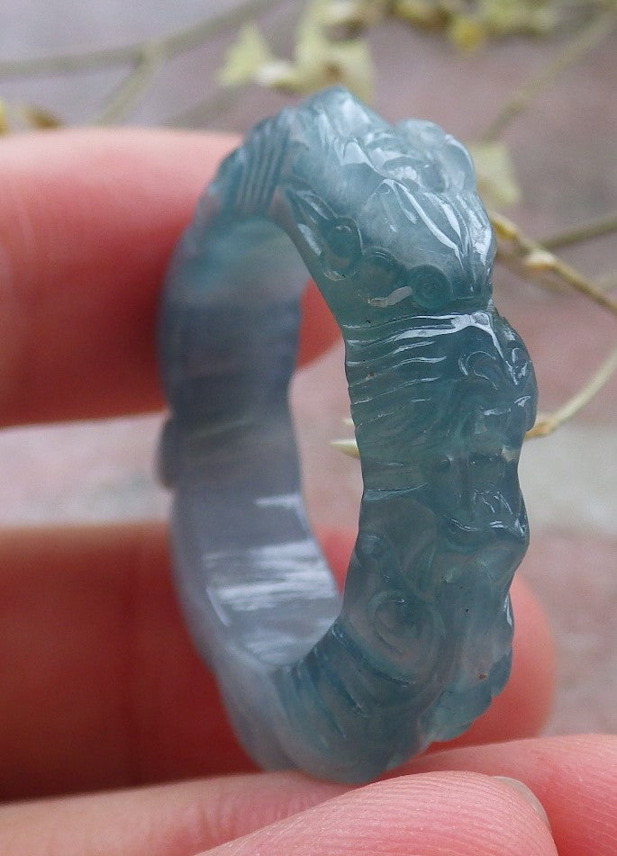 Certified Icy Green Pale Lavender Burma 100% Natural A JADE Jadeite Dragon RING USA. 10.25 戒指 649181 TN