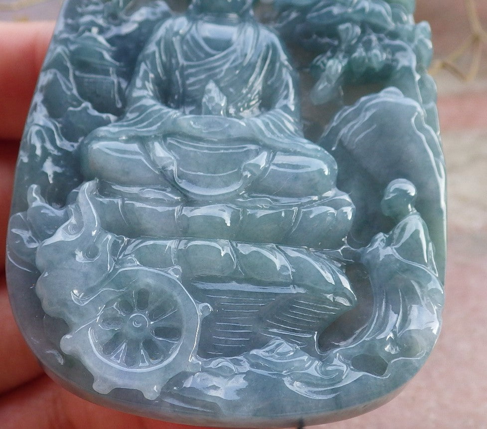 Certified Icy Green Pale Lavender Burma 100% Natural A Jade jadeite Pendant Landscape painting Guanyin Kwan Yin Tree Necklace 山水画 649514 TN