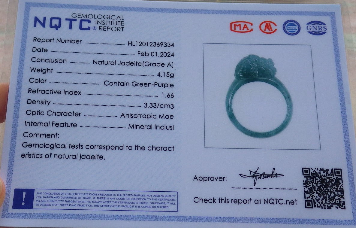 Certified Icy Green Pale Lavender Burma 100% Natural A JADE Jadeite Dragon Pi Xiu RING USA. 8 戒指 649561 TN