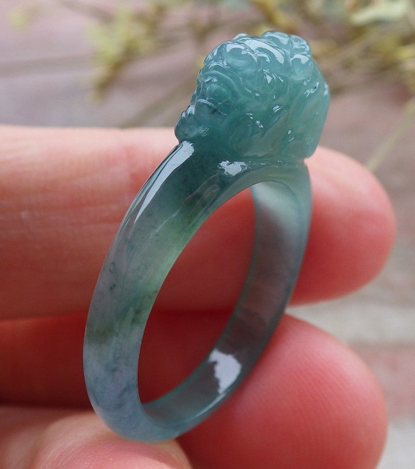 Certified Icy Green Burma 100% Natural A JADE Jadeite Dragon Pi Xiu RING USA. 8.25 戒指 649577 TN