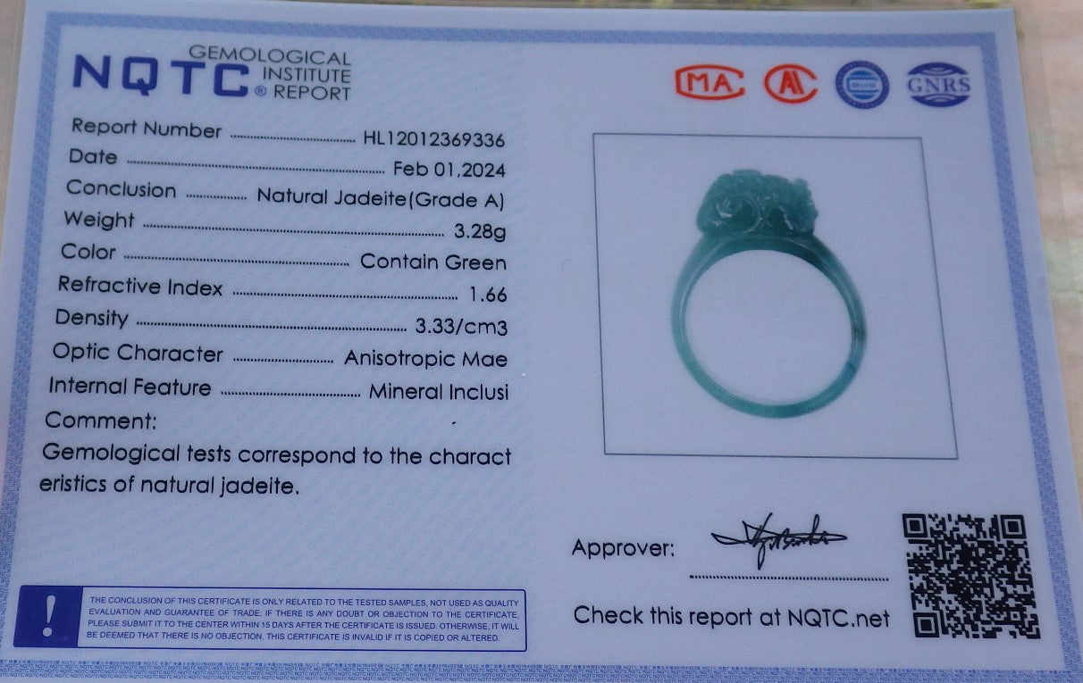 Certified Icy Green Burma 100% Natural A JADE Jadeite Dragon Pi Xiu RING USA. 8.25 戒指 649577 TN