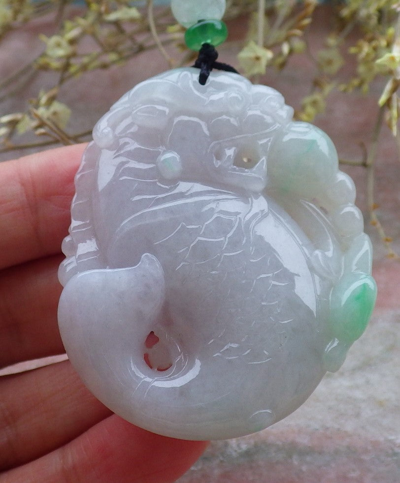 Certified Green Burma 100% Natural A Jade jadeite Pendant Dragon Fish Ruyi Necklace 龙鱼 649612 TN