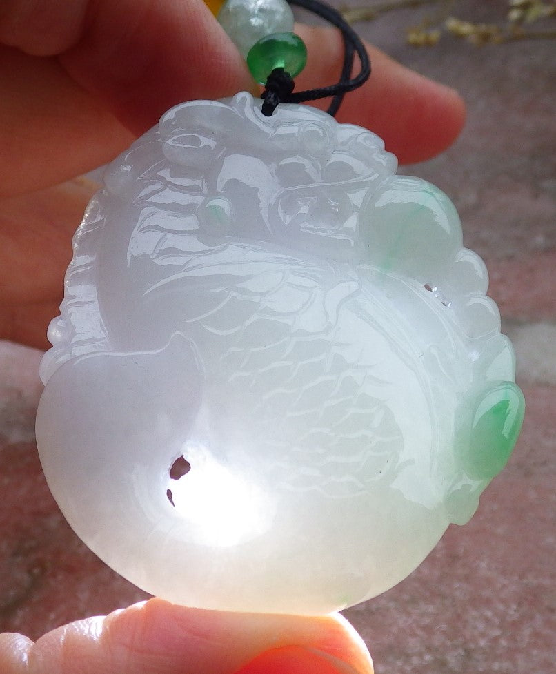 Certified Green Burma 100% Natural A Jade jadeite Pendant Dragon Fish Ruyi Necklace 龙鱼 649612 TN