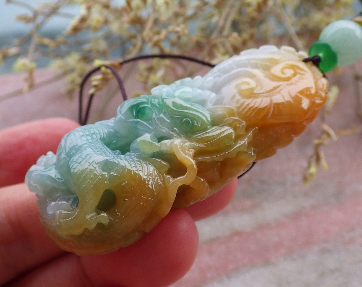 Certified Yellow Green Burma 100% Natural A Jade jadeite Pendant Dragon Ruyi Necklace 生意兴隆 649828 TN