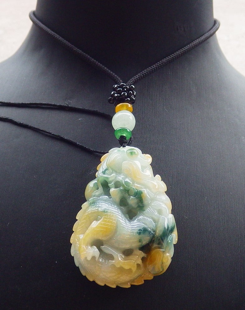 Certified Yellow Green Burma 100% Natural A Jade jadeite Pendant Dragon Ruyi Necklace 生意兴隆 649845 TN