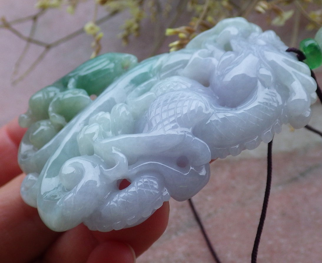 Certified Green Pale Lavender Burma 100% Natural A Jade jadeite Pendant Dragon Mouse Rat Necklace 望子成龙 649991 TN