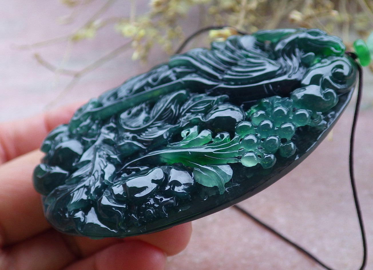 Certified Icy Green Burma 100% Natural A Jade jadeite Pendant Phoenix Flower Ruyi Bead Necklace 凤凰 650200 TN