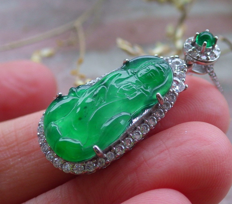 Sterling Silver 925 Certified Icy Green Burma 100% Natural A JADE Jadeite pendant Guanyin Kwan Yin Necklace 观音 650263 TN