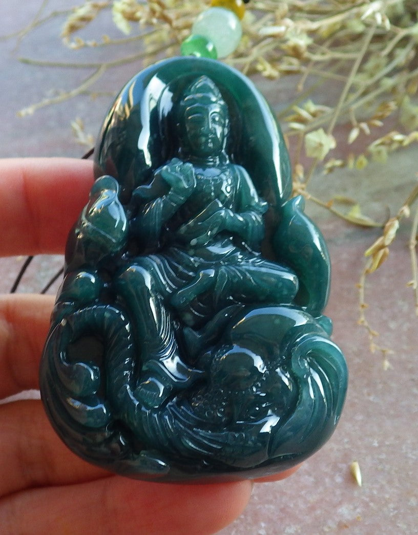 Certified Icy Green Burma 100% Natural A Jade jadeite Pendant Guanyin Kwan Yin Elephant Necklace 观音 650363 TN