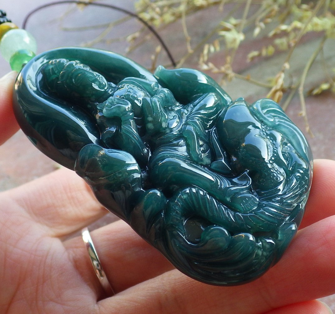 Certified Icy Green Burma 100% Natural A Jade jadeite Pendant Guanyin Kwan Yin Elephant Necklace 观音 650363 TN