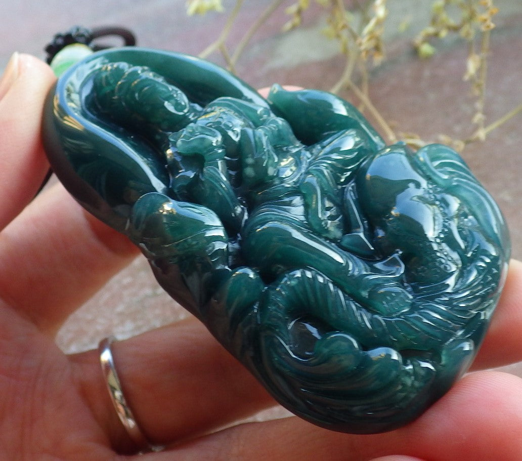 Certified Icy Green Burma 100% Natural A Jade jadeite Pendant Guanyin Kwan Yin Elephant Necklace 观音 650363 TN