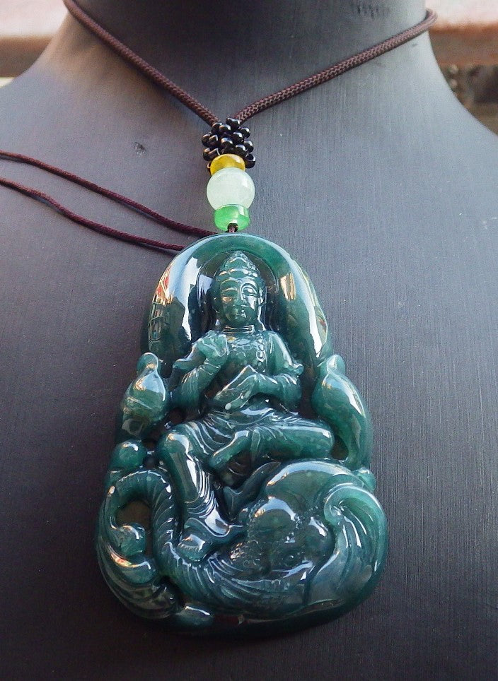 Certified Icy Green Burma 100% Natural A Jade jadeite Pendant Guanyin Kwan Yin Elephant Necklace 观音 650363 TN