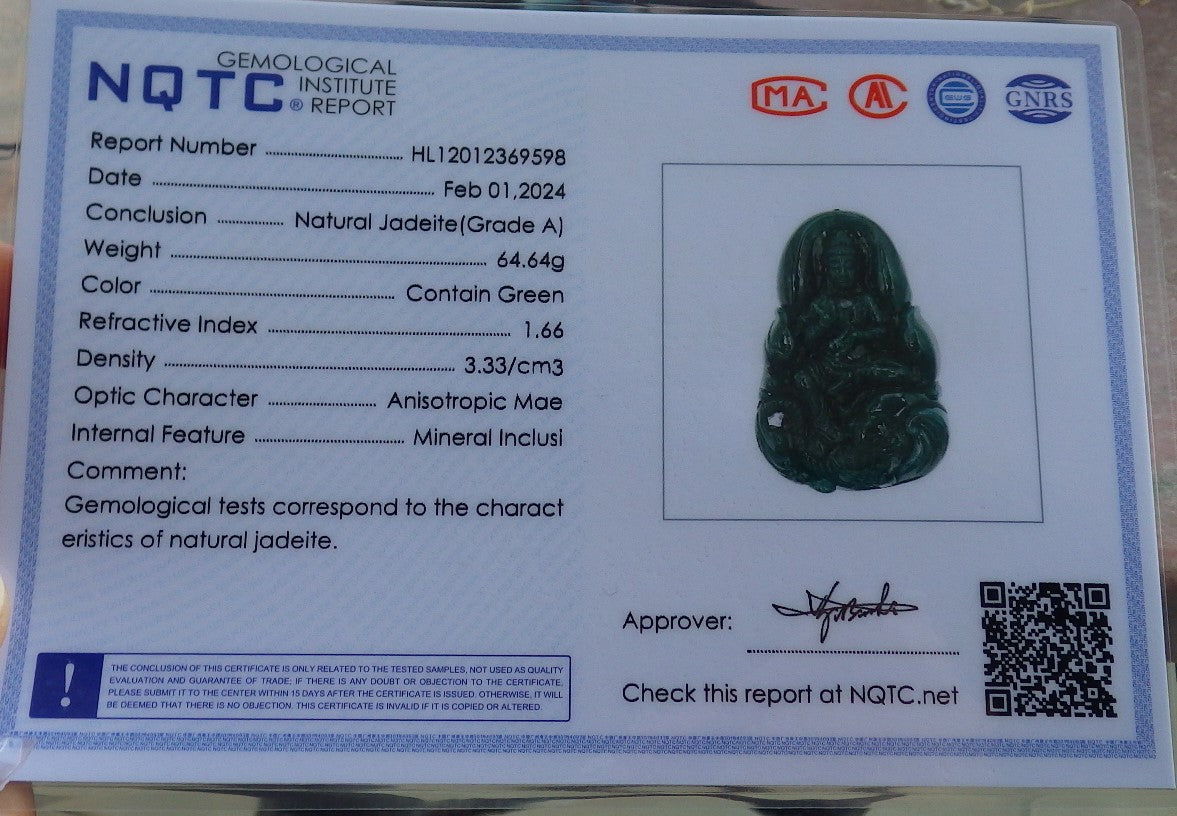 Certified Icy Green Burma 100% Natural A Jade jadeite Pendant Guanyin Kwan Yin Elephant Necklace 观音 650363 TN