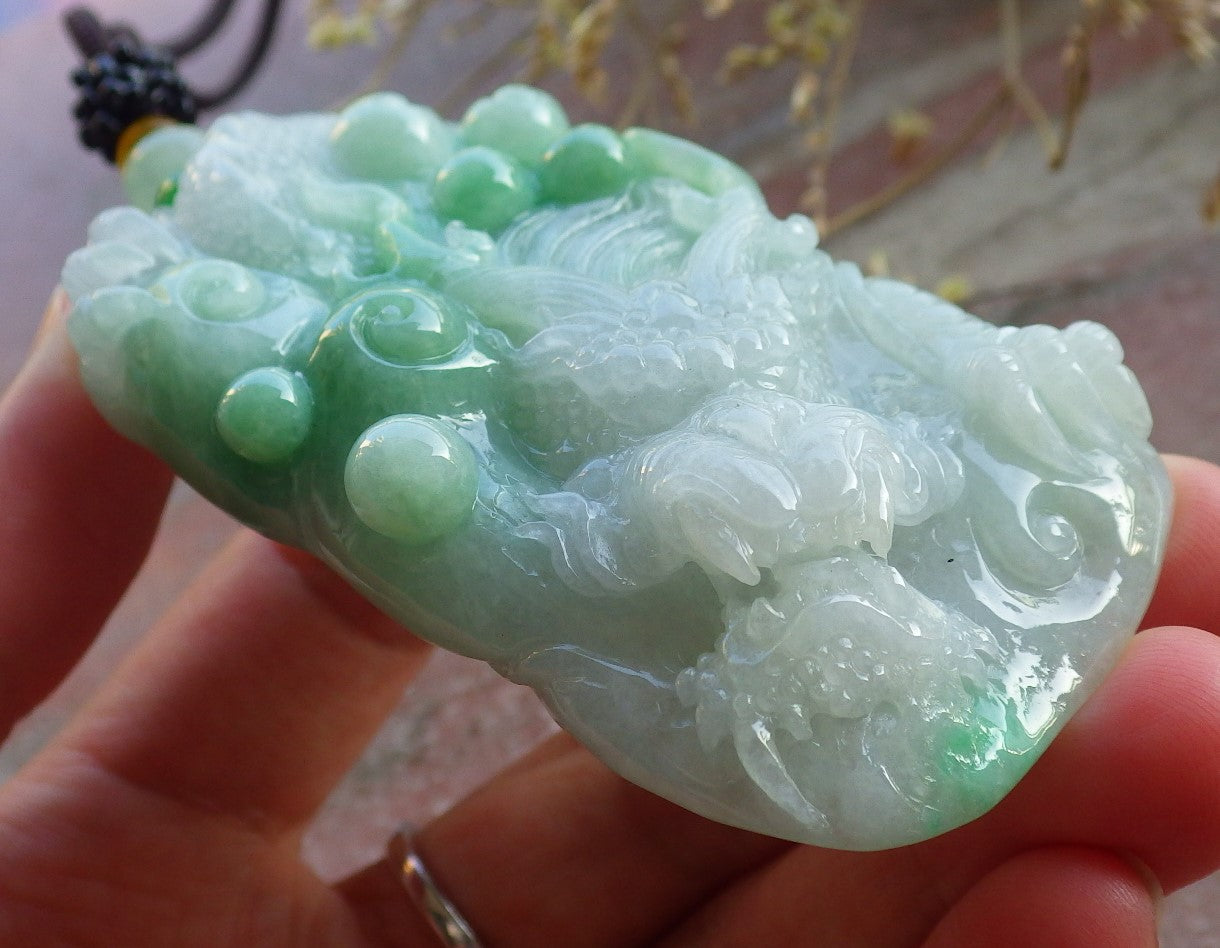 Certified Green Burma 100% Natural A Jade jadeite Pendant Dragon Necklace 生意兴隆 650385 TN