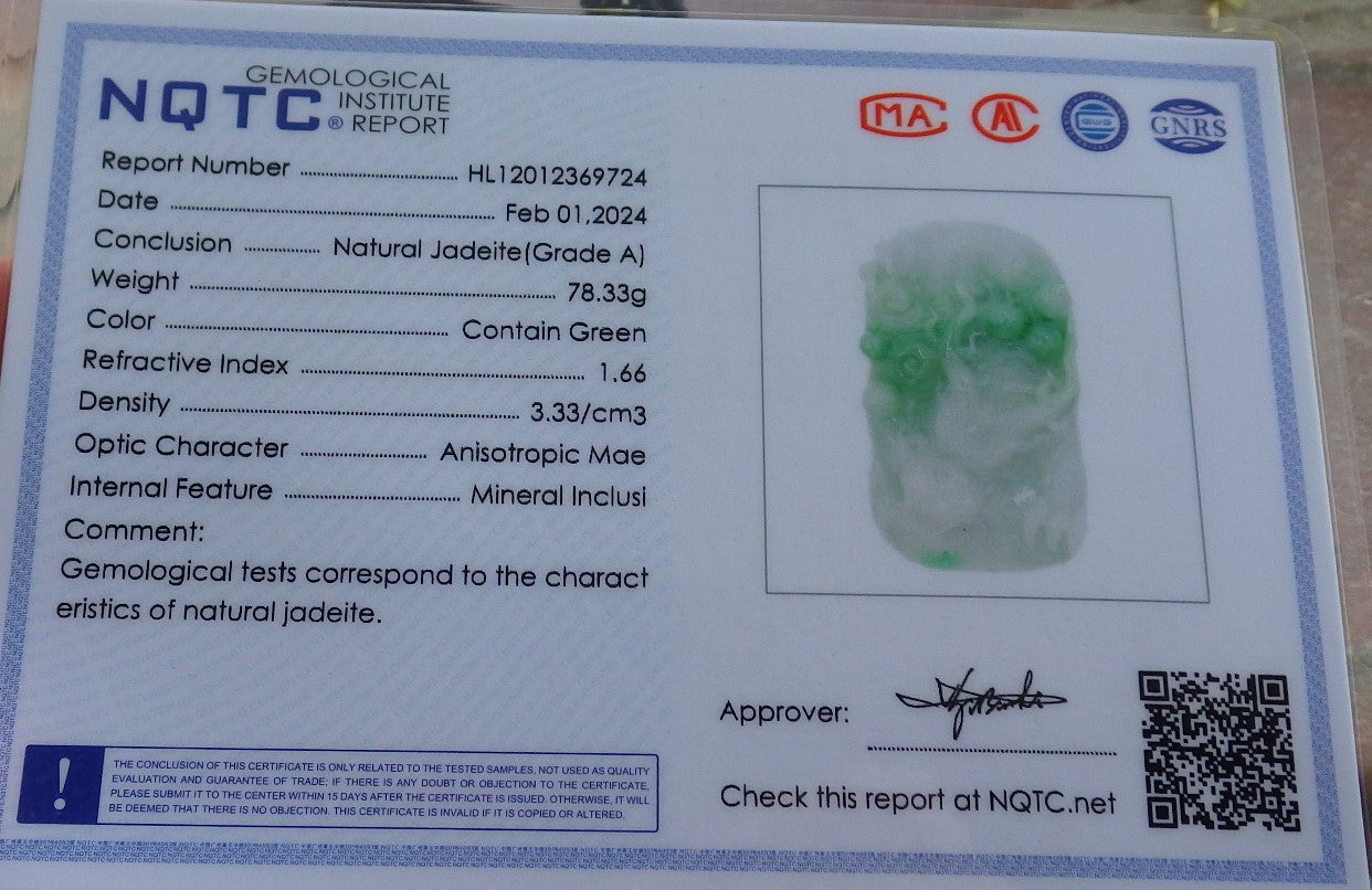 Certified Green Burma 100% Natural A Jade jadeite Pendant Dragon Necklace 生意兴隆 650385 TN
