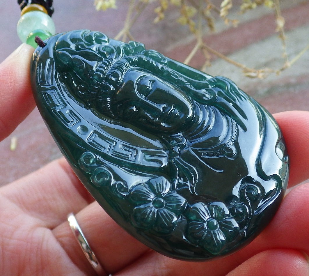Certified Icy Green Burma 100% Natural A Jade jadeite Pendant Guanyin Kwan Yin Flower Necklace 观音 650396 TN