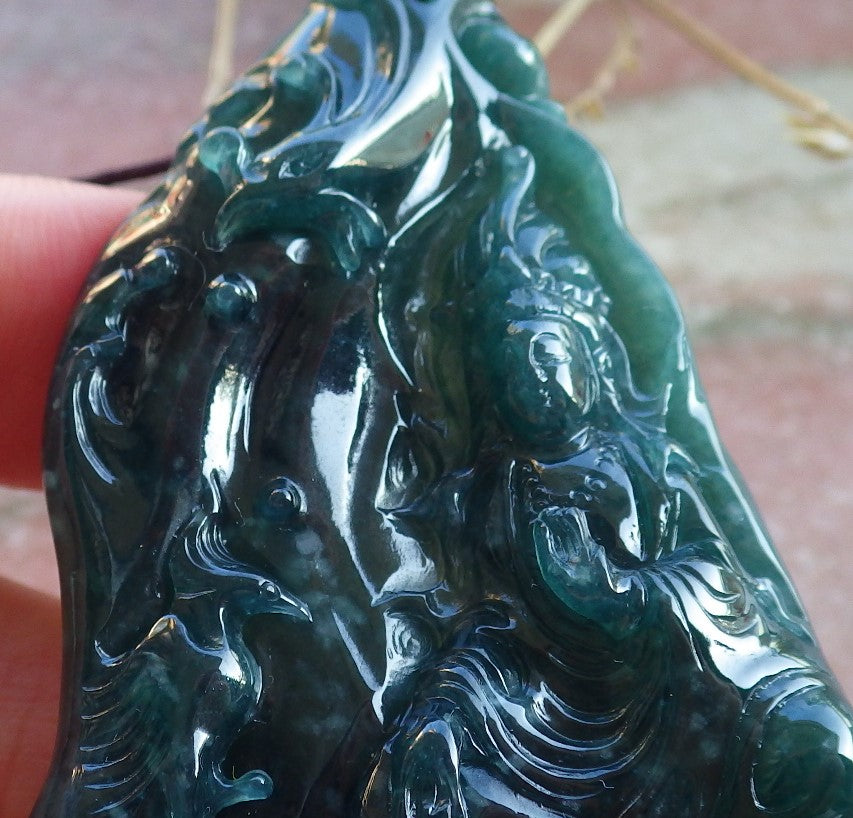 Certified Icy Green Burma 100% Natural A Jade jadeite Pendant Guanyin Kwan Yin Dragon Phoenix Lotus Flower 龙凤 650405 TN