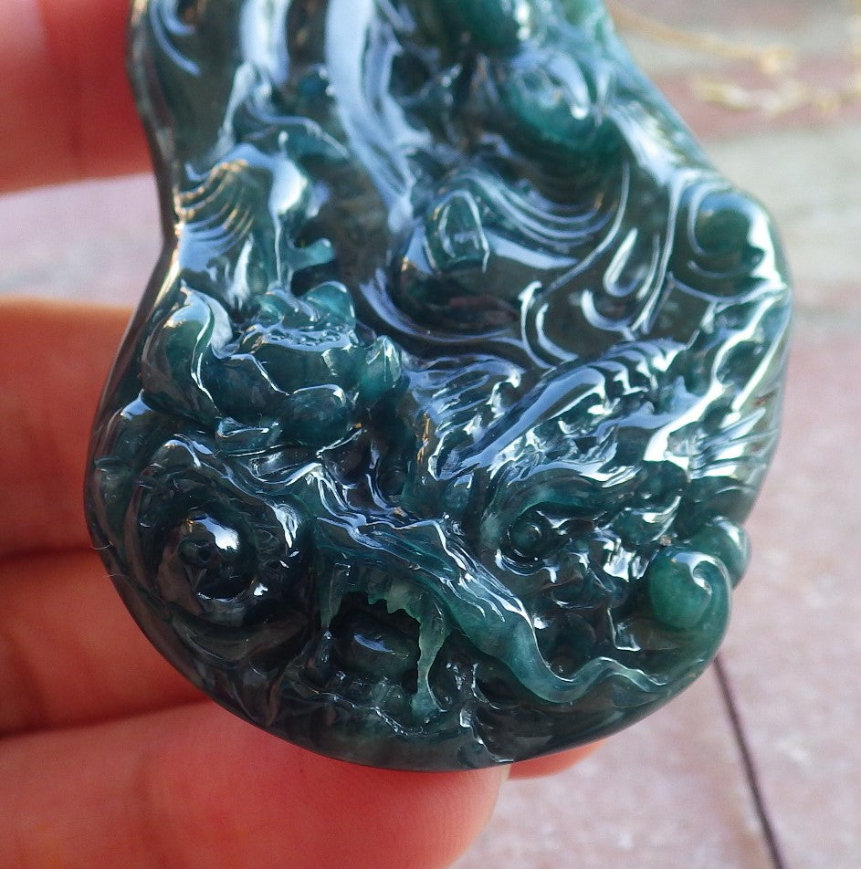 Certified Icy Green Burma 100% Natural A Jade jadeite Pendant Guanyin Kwan Yin Dragon Phoenix Lotus Flower 龙凤 650405 TN