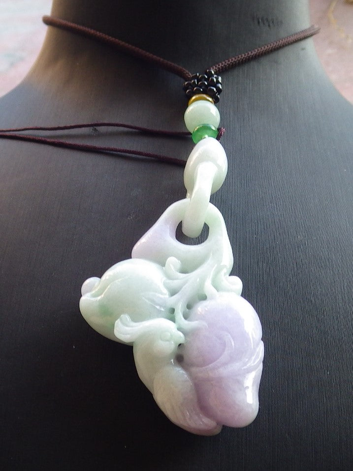 Certified Green Lavender Burma 100% Natural A Jade jadeite Pendant Phoenix Bird Peach Necklace W Ring 650416 TN