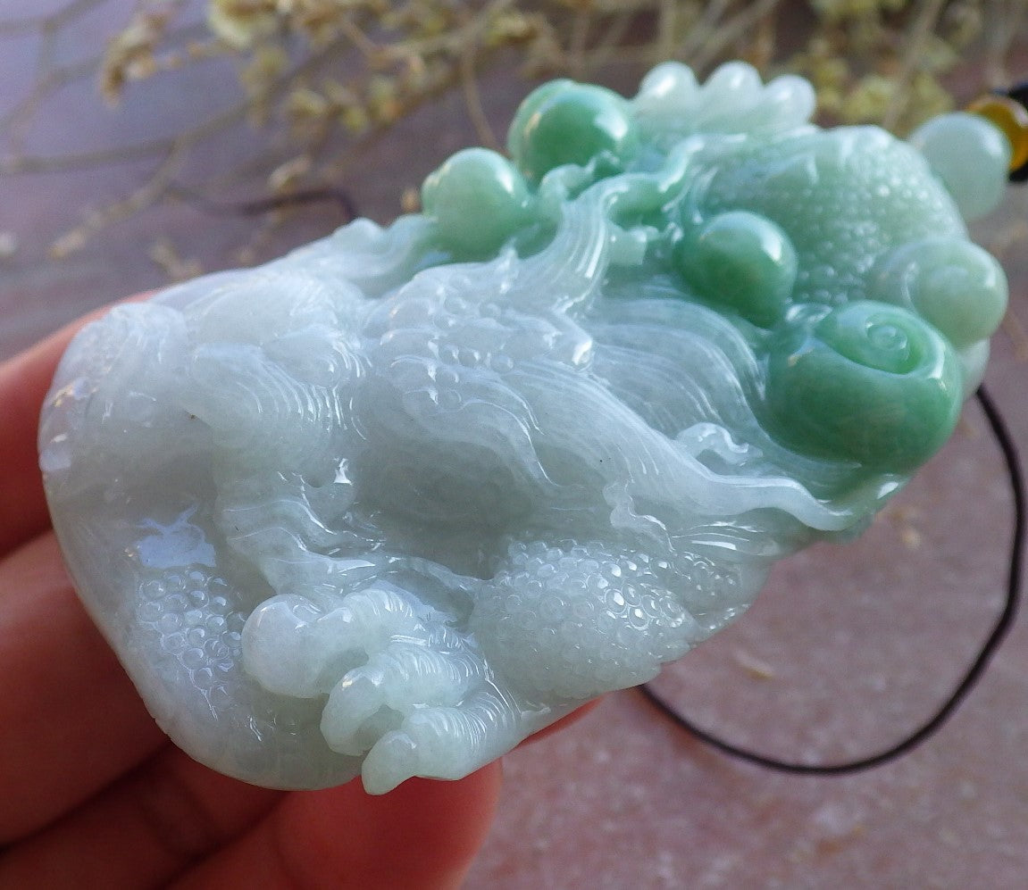 Certified Green Burma 100% Natural A Jade jadeite Pendant Dragon Necklace 生意兴隆 650425 TN
