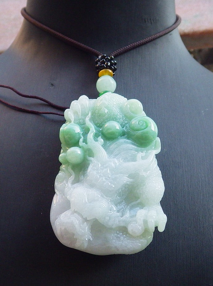 Certified Green Burma 100% Natural A Jade jadeite Pendant Dragon Necklace 生意兴隆 650425 TN