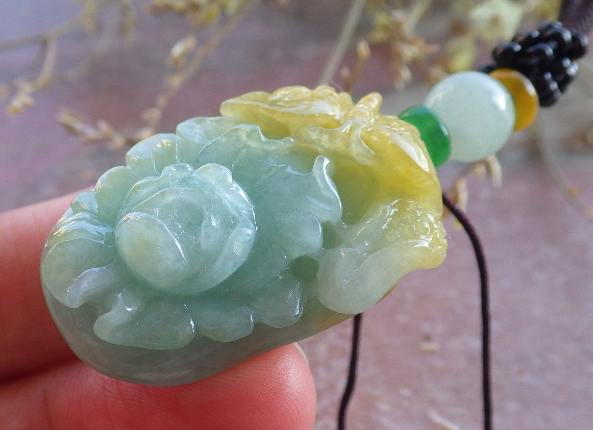 Certified Yellow Green Burma 100% Natural A Jade jadeite Pendant Butterfly Flower Necklace 蝴蝶 花开富贵 650438 TN
