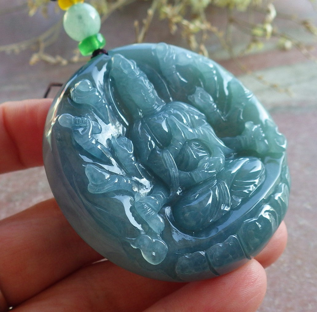 Certified Icy Green Pale Lavender Burma 100% Natural A Jade jadeite Pendant 1000 Hand Guanyin Kwan Yin Lotus Flower Necklace 观音 650569 TN