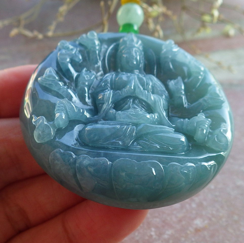 Certified Icy Green Pale Lavender Burma 100% Natural A Jade jadeite Pendant 1000 Hand Guanyin Kwan Yin Lotus Flower Necklace 观音 650569 TN