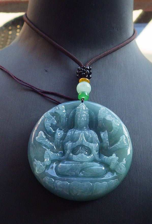 Certified Icy Green Pale Lavender Burma 100% Natural A Jade jadeite Pendant 1000 Hand Guanyin Kwan Yin Lotus Flower Necklace 观音 650569 TN