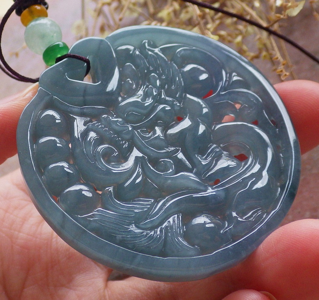 Certified Icy Green Pale lavender Burma 100% Natural A Jade jadeite Pendant Dragon Phoenix Heart Necklace 龙凤 650607 TN