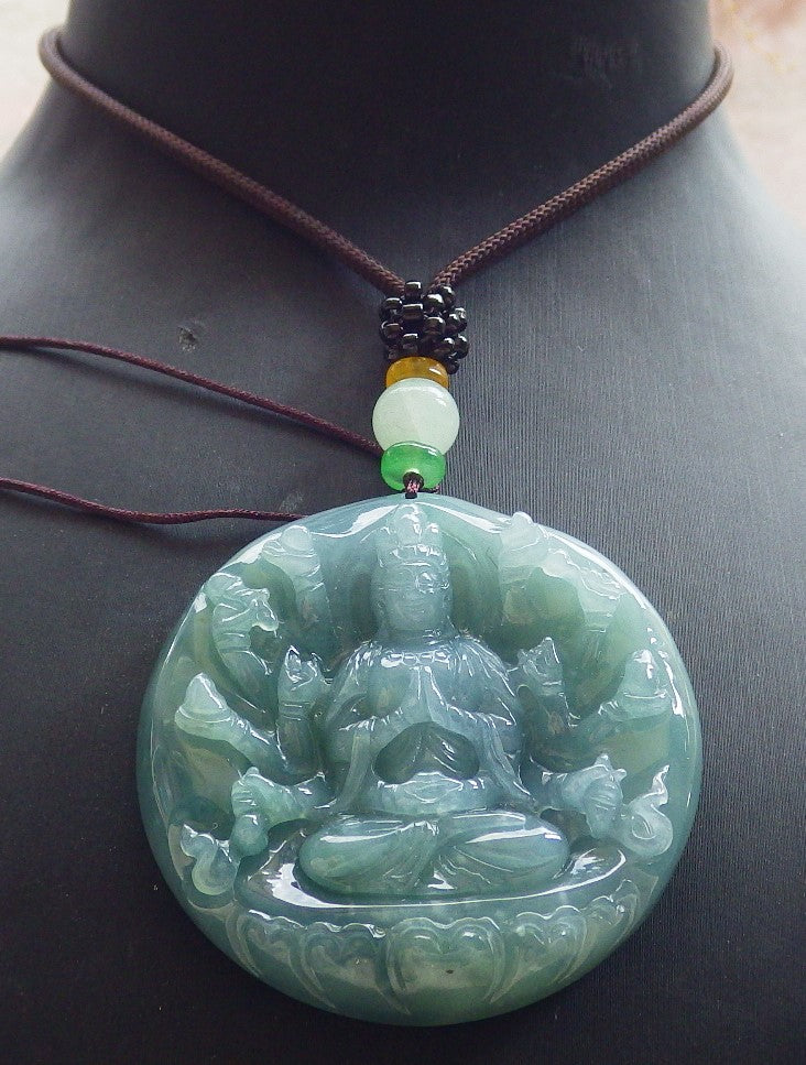 Certified Icy Green Pale Lavender Burma 100% Natural A Jade jadeite Pendant 1000 Hand Guanyin Kwan Yin Lotus Flower Necklace 观音 650653 TN