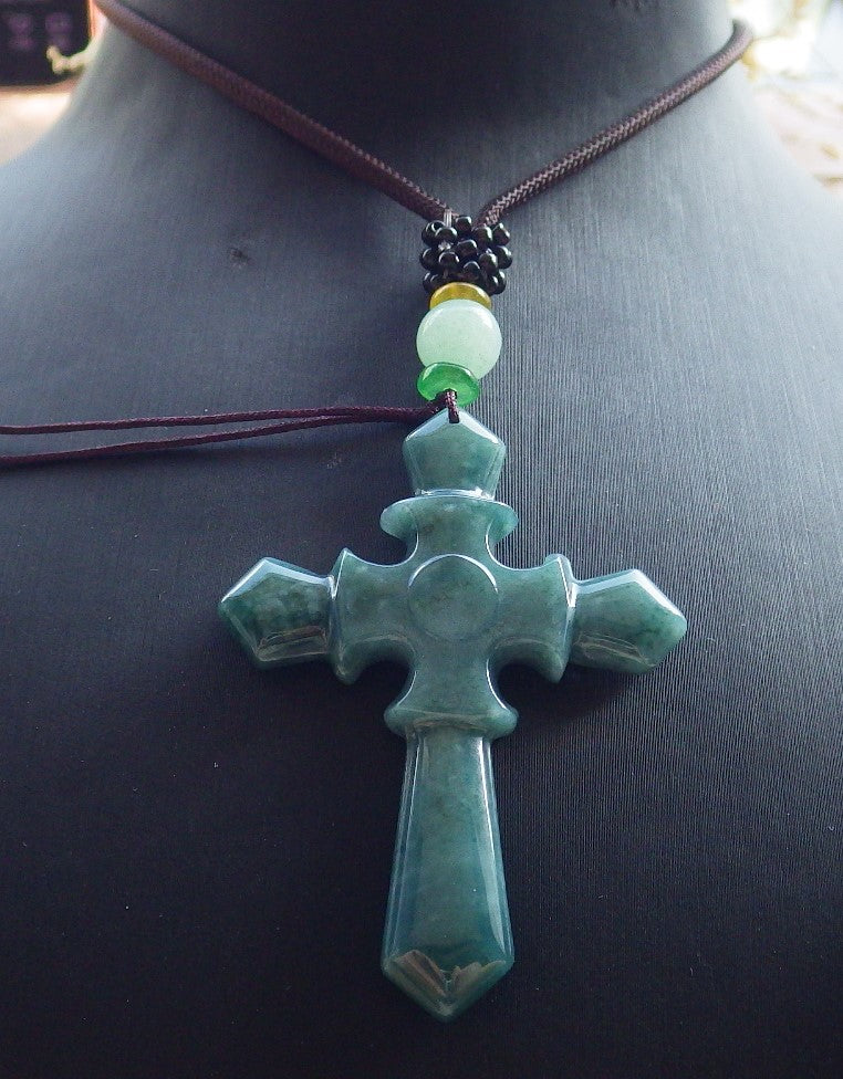 Certified Icy Green Burma 100% Natural A Jade jadeite Pendant Jesus Cross Necklace 十字架 650805 TN