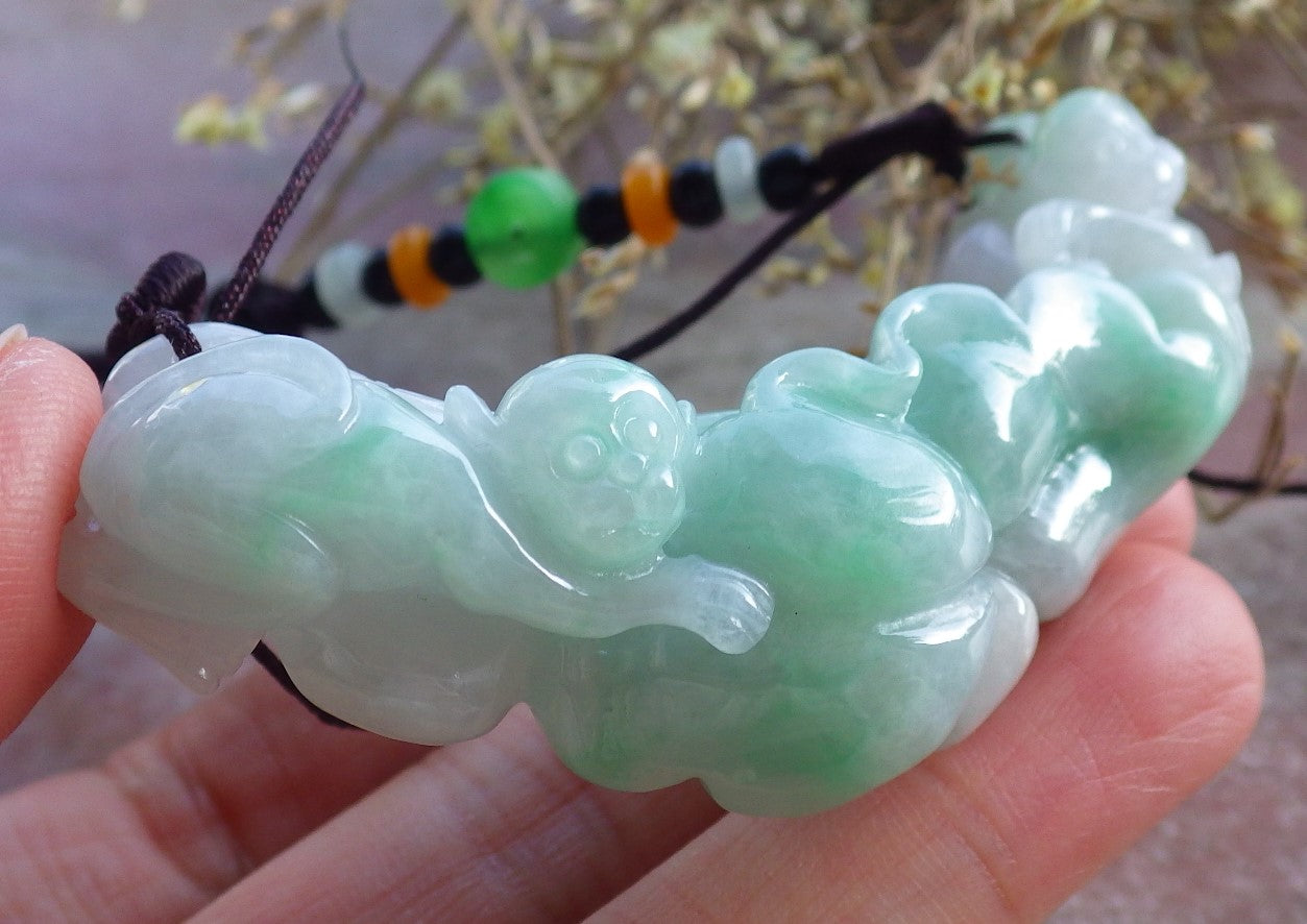 Certified Green Burma 100% Natural A Jade jadeite Pendant Monkey Lotus Flower Leaf Necklace 猴子 650848 TN