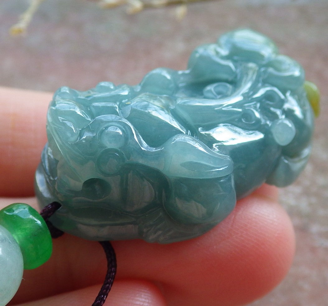 Certified Icy Green Yellow Burma 100% Natural A Jade jadeite Pendant Dragon Pi Xiu Ruyi Coin Necklace 风水貔貅 650902 TN