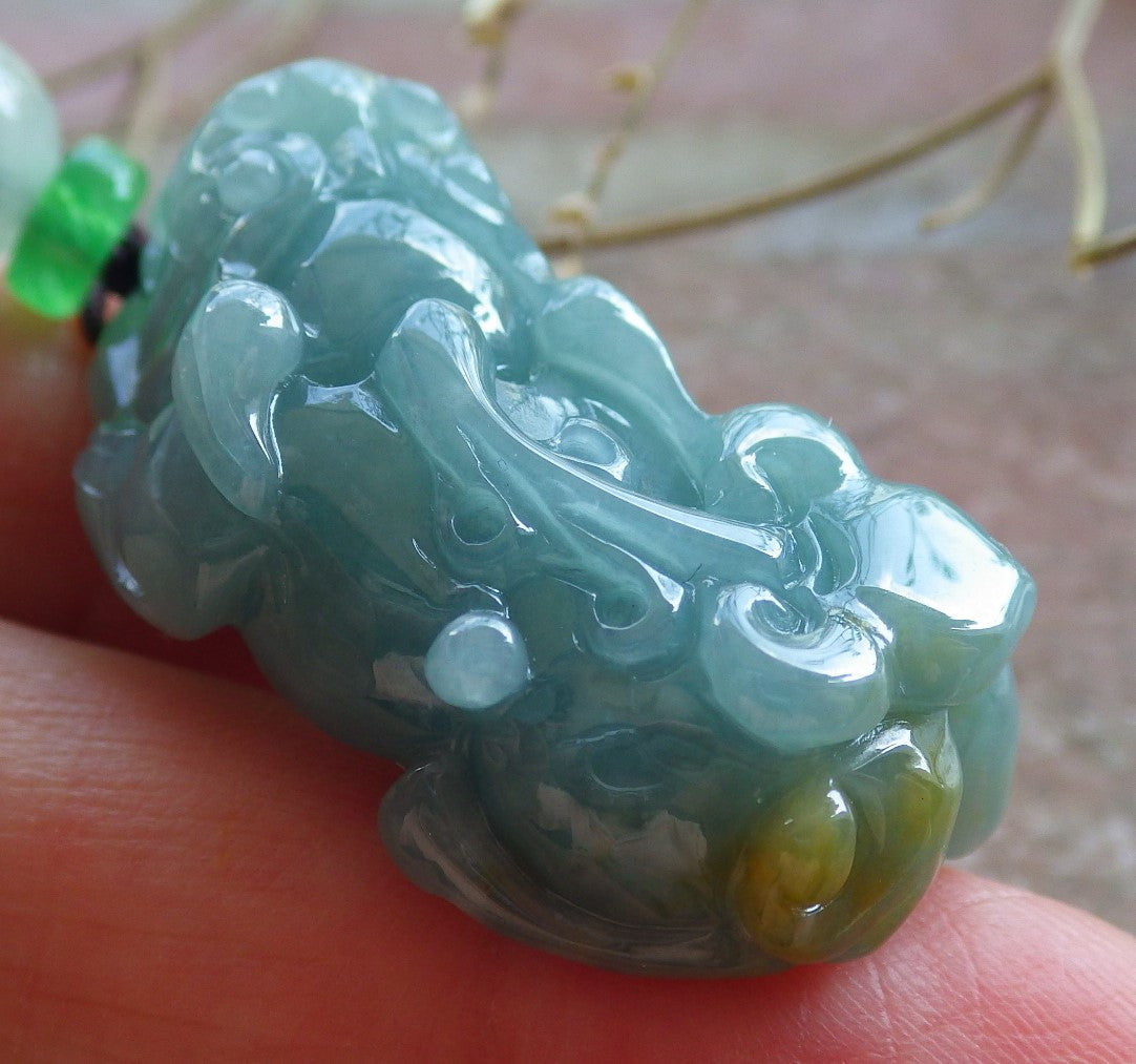 Certified Icy Green Yellow Burma 100% Natural A Jade jadeite Pendant Dragon Pi Xiu Ruyi Coin Necklace 风水貔貅 650902 TN
