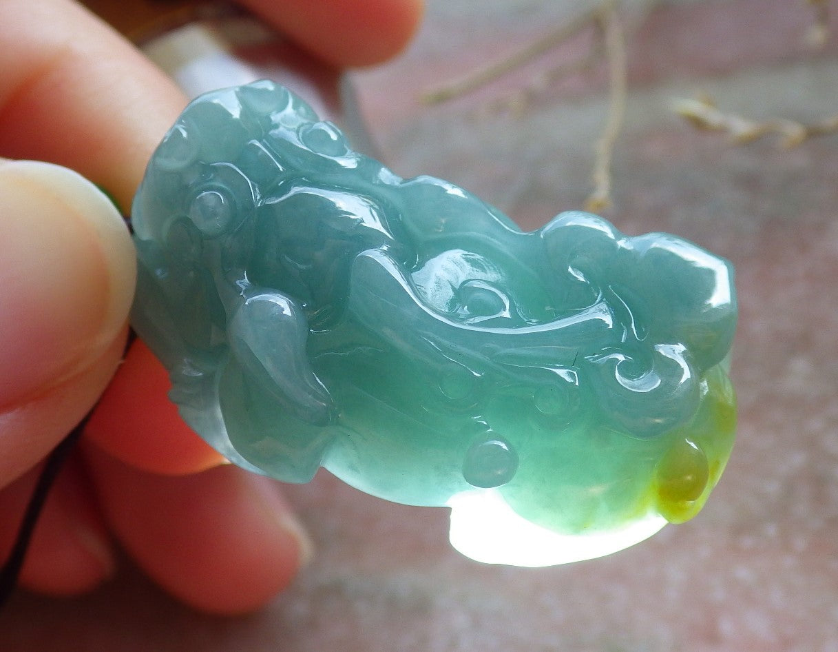 Certified Icy Green Yellow Burma 100% Natural A Jade jadeite Pendant Dragon Pi Xiu Ruyi Coin Necklace 风水貔貅 650902 TN