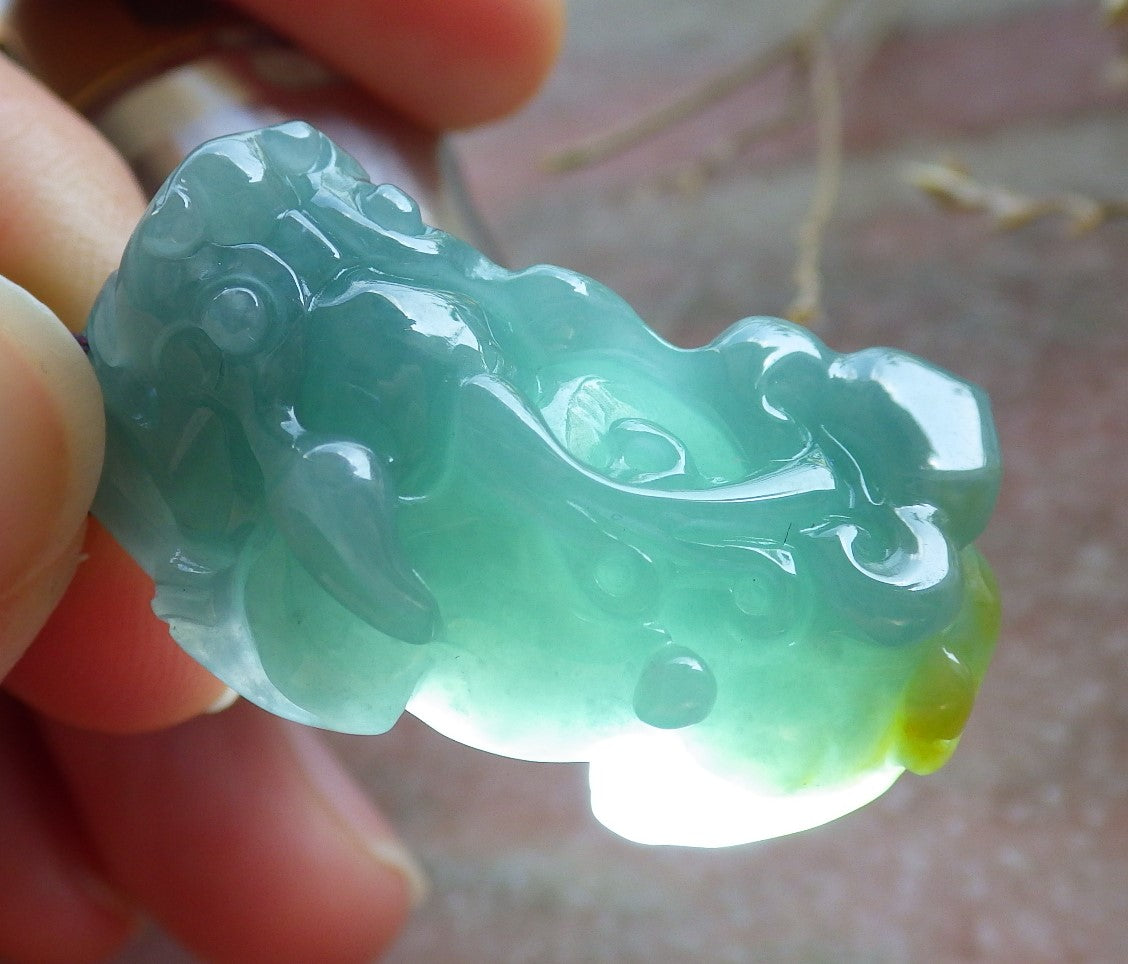 Certified Icy Green Yellow Burma 100% Natural A Jade jadeite Pendant Dragon Pi Xiu Ruyi Coin Necklace 风水貔貅 650902 TN