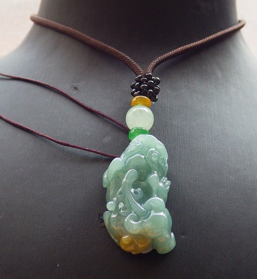 Certified Icy Green Yellow Burma 100% Natural A Jade jadeite Pendant Dragon Pi Xiu Ruyi Coin Necklace 风水貔貅 650902 TN