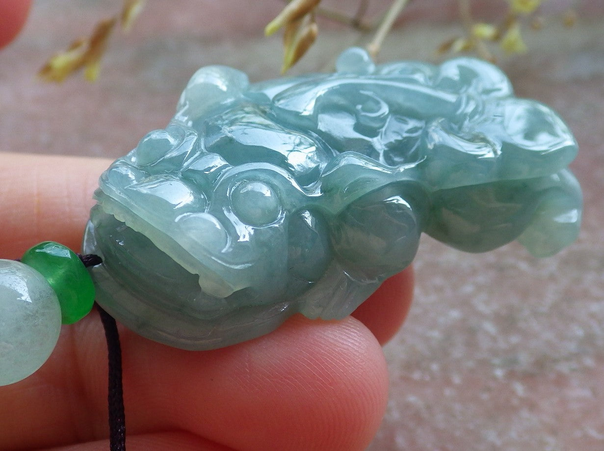Certified Icy Green Burma 100% Natural A Jade jadeite Pendant Dragon Pi Xiu Ruyi Coin Necklace 风水貔貅 650920 TN